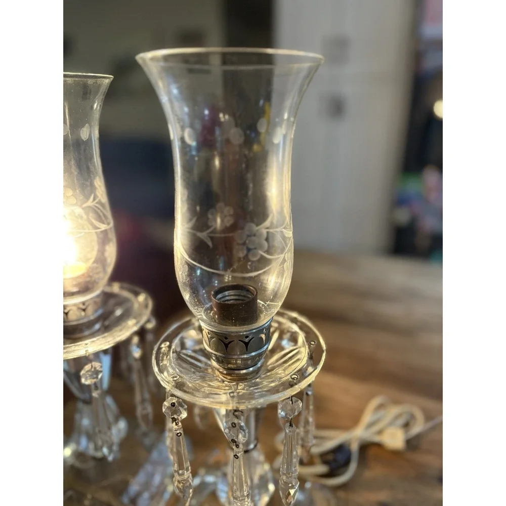 VTG Crystal Hurricane Buffet Lamps Mantle Etched Globes Prisms 15
